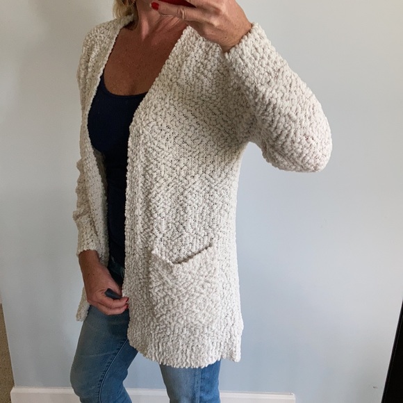 Off White Popcorn Texture Open Cardigan - Picture 3 of 9